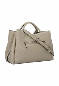 Borsa in pelle beige con motivo floreale in rilievo, doppi manici e tracolla removibile. Presenta una tasca frontale con zip e un corpo testurizzato.