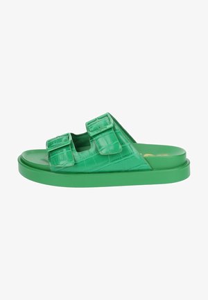 Zelené skluzné sandály s lesklým, texturovaným vzorem krokodýla. Mají dvě nastavitelné přezkové popruhy a silnou, plochou podrážku.