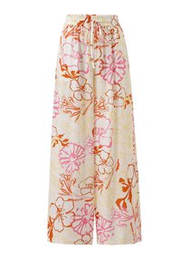 Bloemen-brede broek met een elastische tailleband, gemaakt van lichtgewicht stof. Heeft een helder roze en oranje bloemenpatroon op een crème achtergrond.