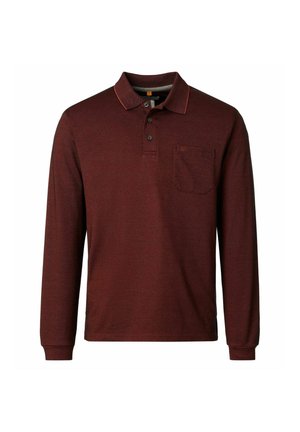 Long-sleeve, dark red polo shirt with a collar, three-button placket, and a chest pocket on a plain white background.