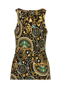 Mouwloos topje van zwarte stof met een levendig patroon van gouden kettingen, groene accentdetails en ingewikkelde medaillonontwerpen.