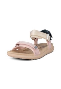 Lightweight sandals with pink and cream adjustable straps, a padded footbed, and a textured sole for grip. Subtle branding visible.