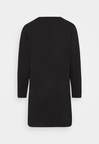 Černá dlouhá tunika z měkké tkaniny, s kulatým výstřihem a uvolněným střihem, s mírně zakřiveným lemem na zadní straně.