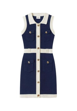 Robe sans manches bleu marine et blanche à boutons, avec col et quatre poches avant, ornée de boutons dorés et de détails en bordure blanche.