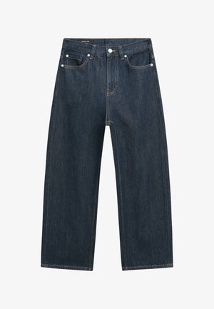 Jeans in denim blu scuro a gamba dritta con cinque tasche, chiusura a bottoni e cuciture visibili.
