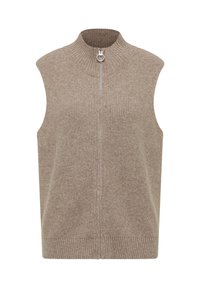 Beige ärmelloser Pullover mit hohem Kragen und silbernem Reißverschluss. Stricktextur mit gerippten Akzenten am Kragen und Saum. Minimalistisches Design.