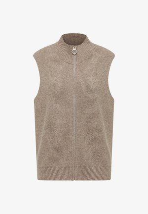 Maglione beige senza maniche con colletto alto e zip argentata. Texture a maglia con dettagli a coste sul colletto e sull'orlo. Design minimalista.