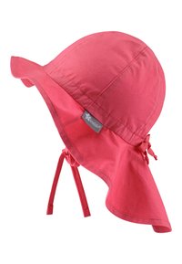 Rosa Sonnenhut mit breiter Krempe, aus leichtem Stoff gefertigt. Hat hinten Bänder zur Anpassung und ein kleines Logo-Tag an der Seite.