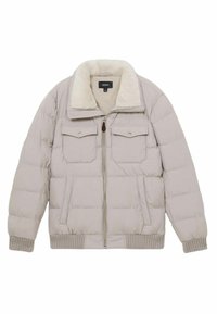 Jachetă puffer bej cu guler din blăniță, închidere cu fermoar, două buzunare pe piept și manșete cu dungi. Textură netedă cu model matlasat.