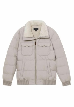 Beige puffer jacket with a shearling collar, zip-front, two chest pockets, and ribbed cuffs. Smooth texture with quilted pattern.