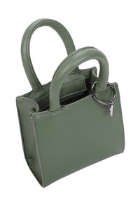 Sac à main en simili cuir vert avec deux poignées arrondies, un porte-clés en attache et une forme rectangulaire compacte. Texture lisse et design minimaliste.