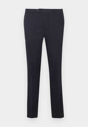 Hlače od pamuka tamnoplave boje s ravnim krojem, s kopčanjem na gumbe, omčama za remen i bez vidljivih uzoraka ili ukrasa.