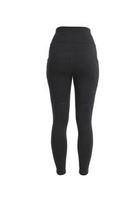 Sorte leggings med høj talje, glat tekstur og tætsiddende pasform. Funktioner inkluderer sidelommer og en sømdetalje for struktur.