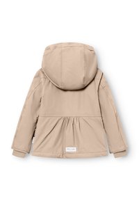 Veste beige clair avec capuche, poignets élastiques et taille resserrée avec des plis en tissu. Texturé lisse et design minimaliste.