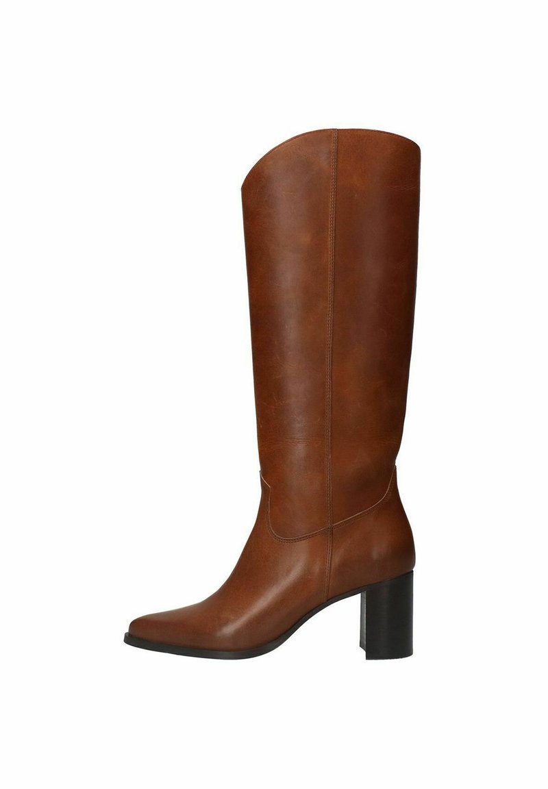 Brown leather knee-high boot with a square toe and block heel, featuring a smooth texture and minimal decorative elements.