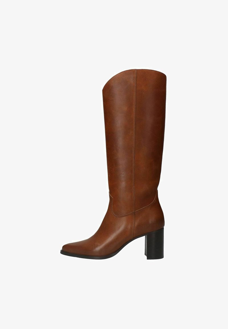 Brown leather knee-high boot with a square toe and block heel, featuring a smooth texture and minimal decorative elements.