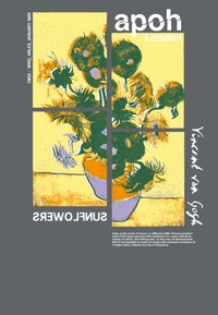 Vincent van Gogh's "Sunflowers" artwork, featuring vibrant yellow and green flowers in an orange vase on a textured background.