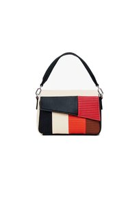 Kleurvolle handtas met een mix van gestructureerde materialen in crème, rood, zwart en bruin, met een gestructureerd ontwerp en een verstelbare schouderriem.