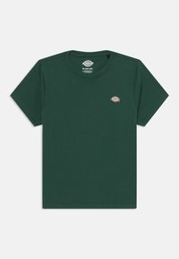 Dark green cotton t-shirt with a crew neck, short sleeves, and a small embroidered logo on the left chest. Simple design with no patterns.