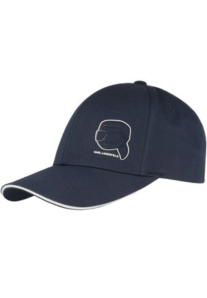 Marineblaue Baseballkappe mit weißem Rand auf dem Schirm und einem Karl Lagerfeld-Logo, das ein stilisiertes Gesicht mit Sonnenbrille zeigt.
