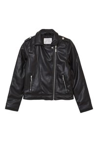 Veste de biker en simili cuir noir au design ajusté, avec une fermeture zippée à l'avant, deux poches avant et des boutons-pression au col. Manches longues.