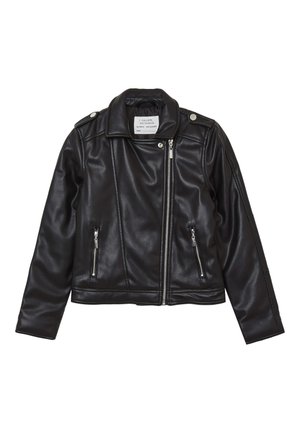 Veste de biker en simili cuir noir au design ajusté, avec une fermeture zippée à l'avant, deux poches avant et des boutons-pression au col. Manches longues.