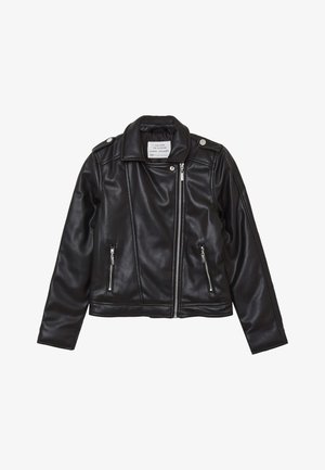 Veste de biker en simili cuir noir au design ajusté, avec une fermeture zippée à l'avant, deux poches avant et des boutons-pression au col. Manches longues.