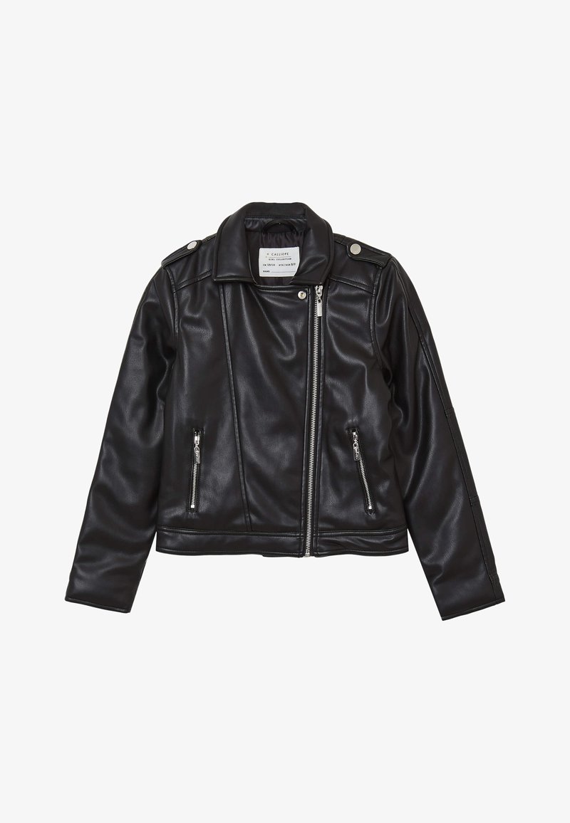 Veste de biker en simili cuir noir au design ajusté, avec une fermeture zippée à l'avant, deux poches avant et des boutons-pression au col. Manches longues.