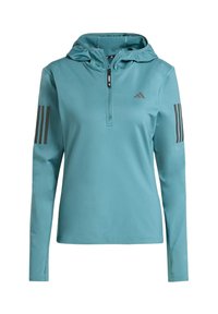 Teal långärmad hoodie med en fjärdedels dragkedja, med tre mörkgrå ränder på varje ärm och en lätt, andningsbar textur.