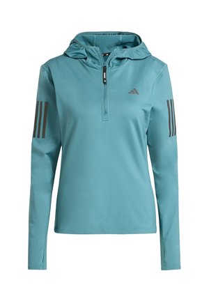 Sudadera azul verdoso de manga larga con capucha y cremallera de cuarto, que presenta tres franjas gris oscuro en cada manga y una textura ligera y transpirable.