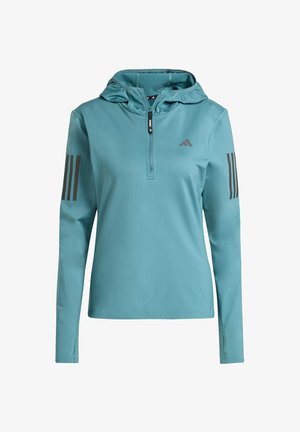 Turkis langærmet hættetrøje med en kvart lynlås, der har tre mørkegrå striber på hver ærme og en let, åndbar struktur.