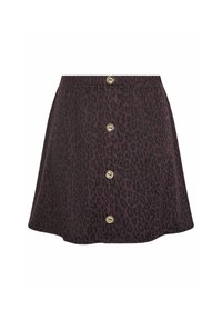 Hame puuterin leopardikuvioga tumelilla ja mustas, flared kuju, pehme tekstuur ja viis esipaneelis asuvat kuldse metallikattega nuppu.