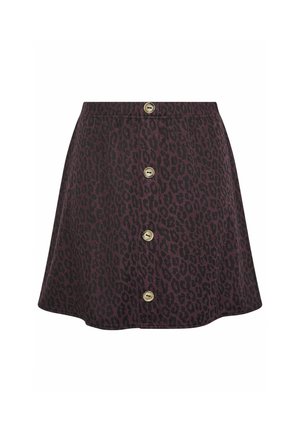 Leopardprint rok in donkerpaars en zwart, met een uitlopende vorm, zachte textuur en vijf voorknopjes van goudkleurig metaal.