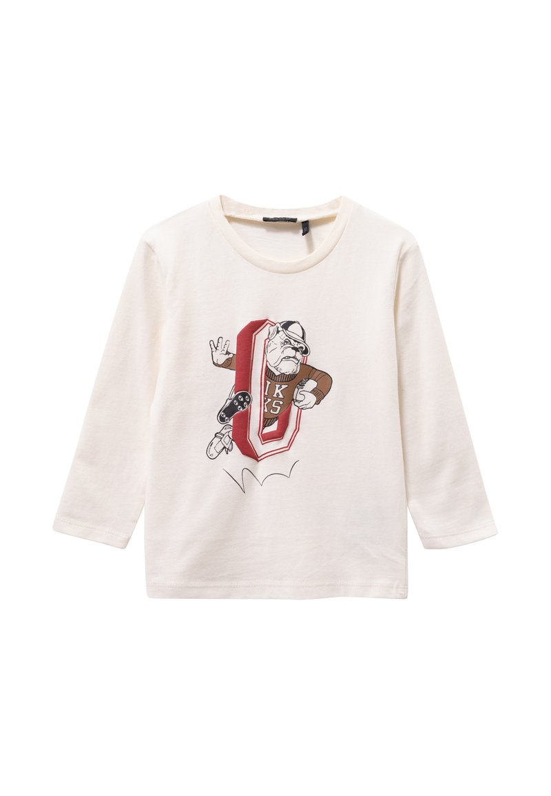 Cremiger Baumwoll-Langarm-T-Shirt mit einem Grafikdesign eines Bulldogs, der eine Mütze trägt und einen Spiel-Controller in der Hand hält, akzentuiert mit einem kräftigen roten Buchstaben "O".