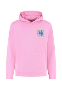 Felpa rosa con tasca frontale, caratterizzata da una grafica floreale in viola e verde sul lato sinistro. Realizzata in un morbido tessuto testurizzato.