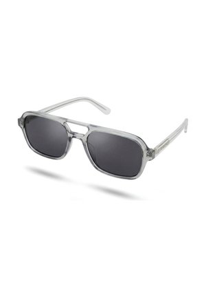 Rechteckige Sonnenbrille mit dunklen Gläsern und transparenten grauen Kunststofffassungen, die vor einem weißen Hintergrund schweben.