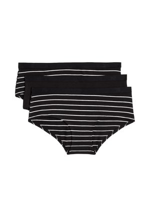 Trzy czarne, hipsterskie majtki z poziomymi białymi paskami, ułożone w stos na białym tle.