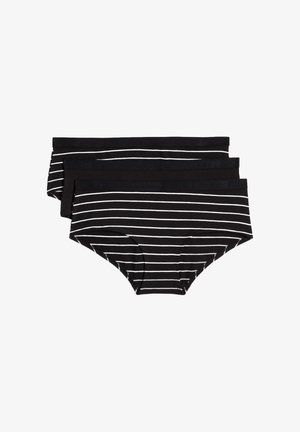 Drei schwarze Hipster-Unterhosen mit horizontalen weißen Streifen, gestapelt vor einem weißen Hintergrund.