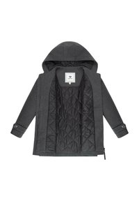 Grå frakke med en kviltet sort inderside, der har hætte, knaplukning ved ærmerne og lynlås. Mærket er synligt indeni.