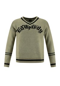 Maglione verde lavorato a maglia con logo grafico "Ed Hardy" nero, design a V e dettagli a strisce nere sui polsini e sull'orlo.