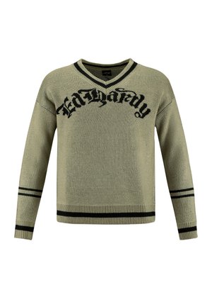Grüner gestrickter Pullover mit einem schwarzen grafischen "Ed Hardy"-Logo, V-Ausschnitt-Design und schwarzen gestreiften Akzenten an den Bündchen und dem Saum.