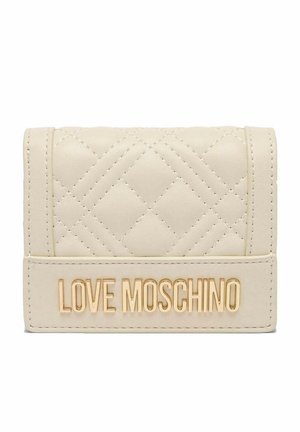 Portafoglio trapuntato color crema con scritta dorata "LOVE MOSCHINO" sulla patta frontale, forma rettangolare e dettagli cuciti.