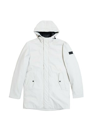 Parka bianca impermeabile con cappuccio, doppie tasche laterali, dettagli neri e tessuto strutturato. Chiusura frontale con cerniera e collo alto.