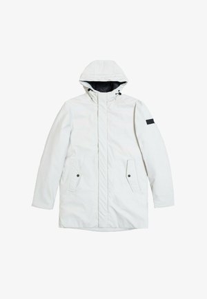 Parka bianca impermeabile con cappuccio, doppie tasche laterali, dettagli neri e tessuto strutturato. Chiusura frontale con cerniera e collo alto.