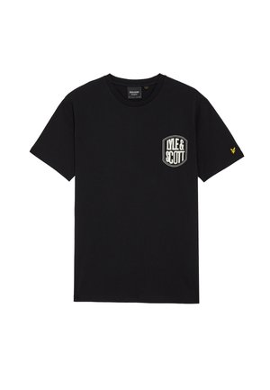 Schwarzes Baumwoll-T-Shirt mit Rundhalsausschnitt, ausgestattet mit einem weißen Logo-Patch auf der linken Brust und einem gelben Emblem auf dem rechten Ärmel.