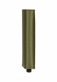 Portafoglio rettangolare in pelle verde oliva con superficie texturizzata, bordi cuciti e un singolo pulsante nero in plastica alla base.