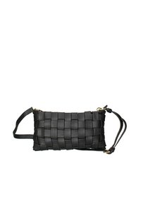 Borsa in pelle intrecciata nera con forma rettangolare, dotata di una tracolla removibile e hardware in tono oro per la chiusura e gli accenti.