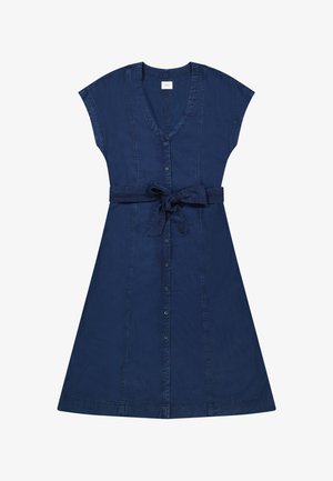 Vestido azul marino hasta la rodilla con mangas cortas, cierre de botones en la parte delantera, escote en V y cinturón atado a la cintura.