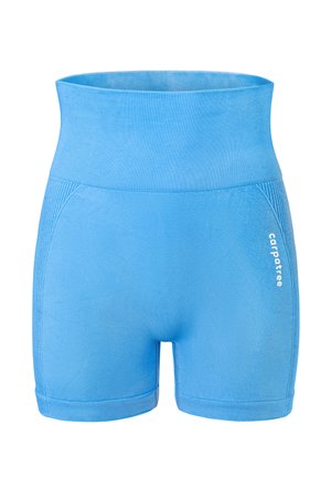 Sinised kõrge vöökohaga lühikesed püksid, mis on valmistatud siledast ja venivast materjalist. Pükstel on ribatud vöökoht ja külgedel väike logo detail.