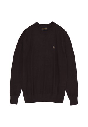 Maglione marrone scuro realizzato in materiale morbido, con scollo rotondo e maniche lunghe. Include una piccola toppa con logo sul petto.